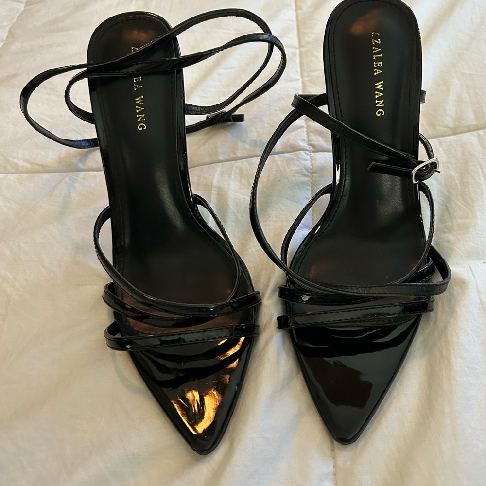 Azalea Wang Black Strappy Shoes with Crystal Heels